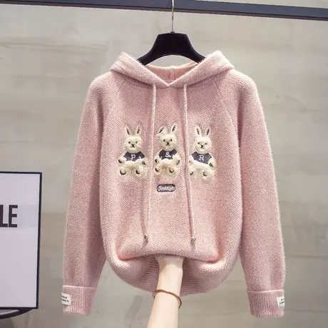 连帽水貂绒毛衣女加厚打底衫2023秋冬新款宽松外搭针织衫内搭上衣商品大图