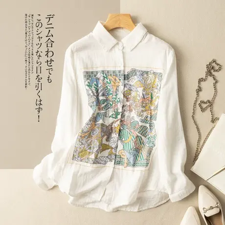 全棉白色衬衫文艺复古印花宽松衬衣百搭气质港味上衣2022秋季新款商品大图