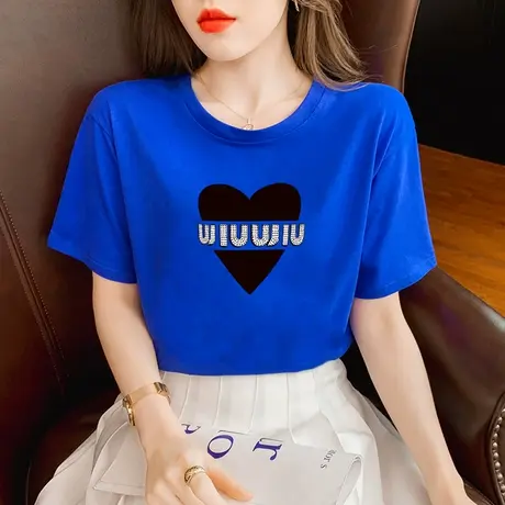 潮牌爱心短袖t恤女夏季2023新款韩版宽松克莱因蓝纯棉半袖上衣ins商品大图