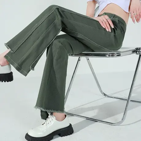 绿色微喇牛仔裤女夏薄款2023年新款女裤夏季高腰显瘦长裤喇叭裤女图片