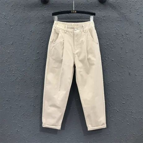 2023早秋新款卡其色抽摺高腰老爹裤宽松显瘦休闲百搭女牛仔哈伦裤图片