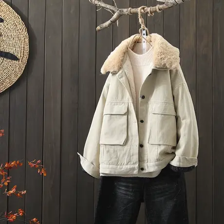 枫谜2020年冬季新款文艺韩版毛领加厚短款棉衣女宽松保暖棉服外套图片