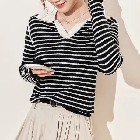 polo领拼色针织打底衫女2023春秋外穿港风复古直筒法式长袖上衣潮商品大图