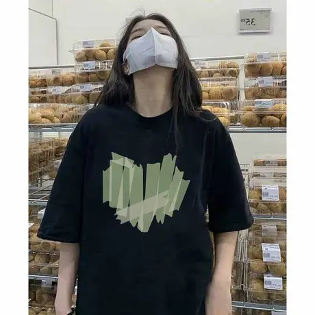 纯棉设计感爱心印花短袖t恤女夏季ins潮牌宽松oversize半袖上衣服图片