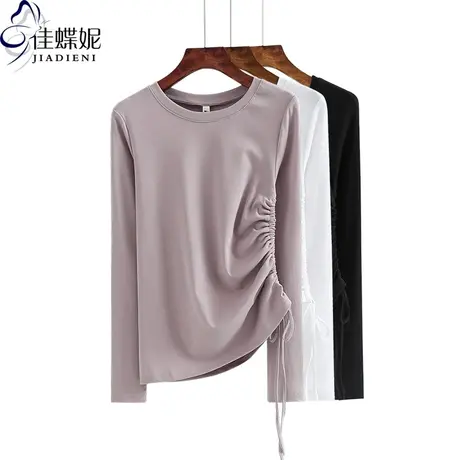 春秋季新款韩版纯白修身圆领长袖体恤打底衫内搭上衣女装纯色T恤商品大图