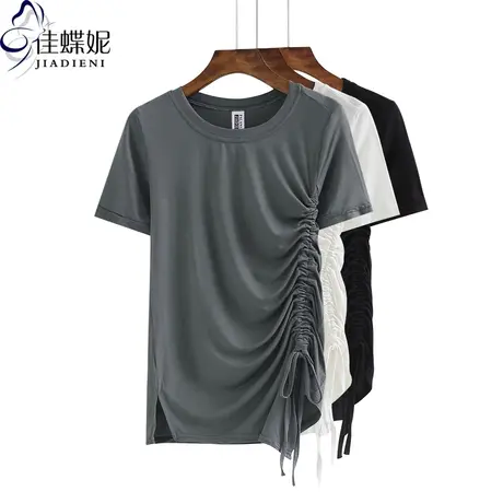 夏新款韩版莫代尔圆领开叉抽绳显瘦小心机短袖体恤上衣纯色女装图片