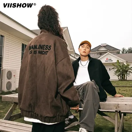VIISHOW美式复古麂皮绒立领外套男秋季潮牌休闲宽松印花运动夹克商品大图