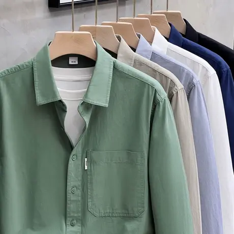 纯棉衬衫男春秋款商务外穿韩版潮流修身工装衬衣长袖男士休闲上衣商品大图