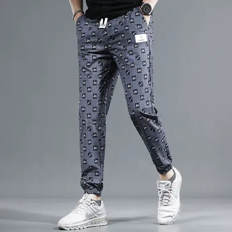 高端蓝色冰丝休闲裤男2023夏季新款修身束脚时尚潮流男士薄款弹力商品大图