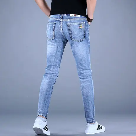 男士高级加绒牛仔裤男2023秋款美式高街休闲裤子修身小脚高端品牌商品大图