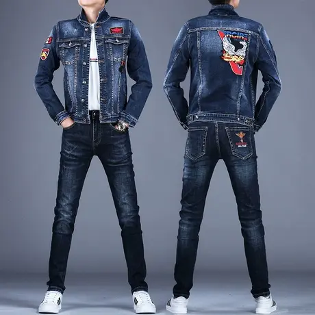 男士修身刺绣牛仔套装男高端潮牌秋款2023新款弹力夹克上衣外套男图片