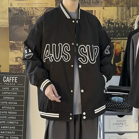 美式棒球服男宽松大码春秋季ins高街国潮流休闲夹克外套男生潮牌图片