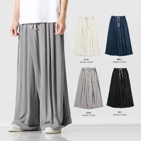 中国风亚麻裤子男士夏季薄款透气宽松直筒垂感暗黑系棉麻阔腿裤子商品大图