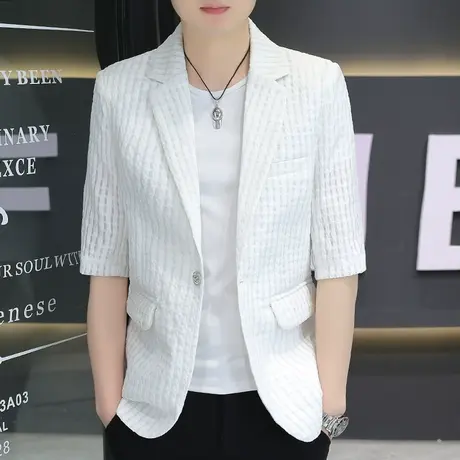 夏季镂空中袖小西装男士韩版休闲单西七分袖薄款外套男西服上衣潮商品大图