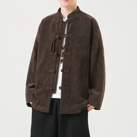 2023秋冬男夹克中国风休闲盘扣中式棕色加肥加大码上衣服男装外套商品大图