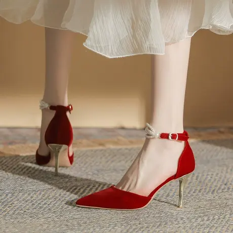 气质高跟鞋女细跟2023年春夏季新款尖头一字扣带珍珠名媛宴会单鞋商品大图