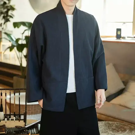 秋季中式无扣开衫宽松短款披风青年唐装棉麻复古禅修居士服套装男商品大图