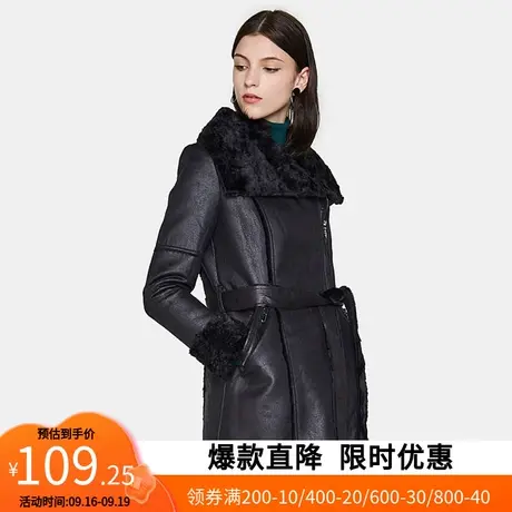 艾格冬季女装修身简约休闲束腰连帽大衣外套Y678商品大图