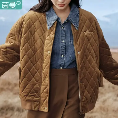 茵曼棉服小个子初冬季2023新款羊羔绒夹棉短款外套女式棉袄棒球服图片