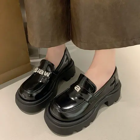 一脚蹬乐福鞋女2024春秋季新款复古黑色粗跟单鞋配裙子厚底小皮鞋商品大图