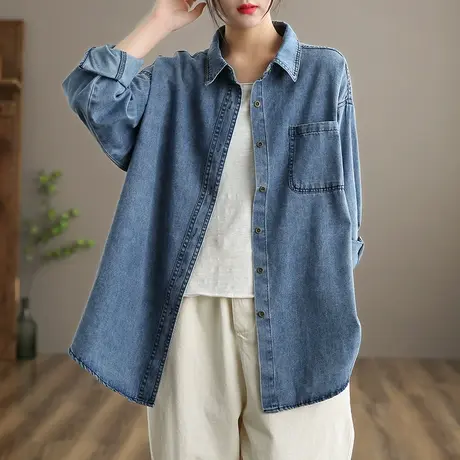 dza 文艺复古牛仔衬衫女士长袖高端内搭上衣新款秋季短款休闲衬衣图片