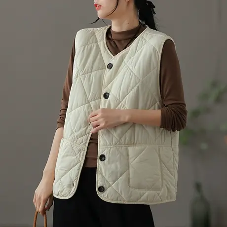 dza 宽松纯色V领棉衣马甲女士冬季新款外搭上衣休闲短款马夹坎肩图片