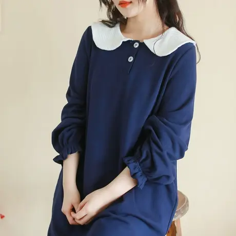 胖妹妹2023初春新品针织撞色卫衣裙加大码复古蓝宽松长裙200斤女商品大图