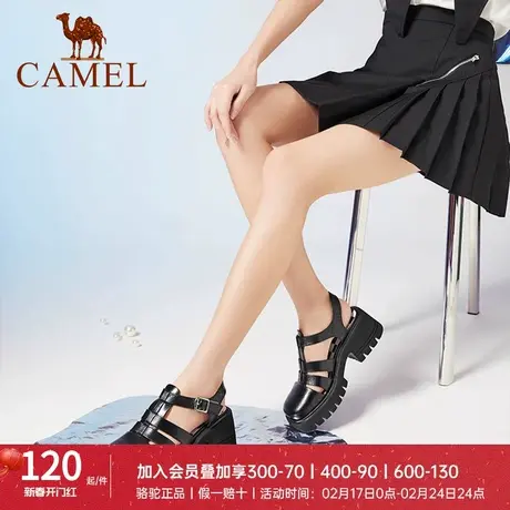 骆驼女鞋2023夏季方头粗跟一字带凉鞋真皮百搭时装高跟鞋凉鞋女图片