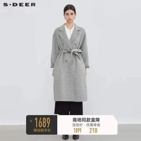 sdeer圣迪奥女装西装领条纹收腰毛呢长款大衣S23482503👛图片