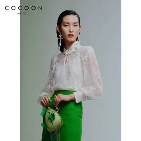 可可尼COCOON商场同款2024新款新中式气质国风竹叶盘扣镂空蕾丝衫图片