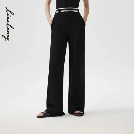 LANCY/朗姿2024春季新款黑色针织长裤子女高腰显瘦休闲百搭直筒裤商品大图
