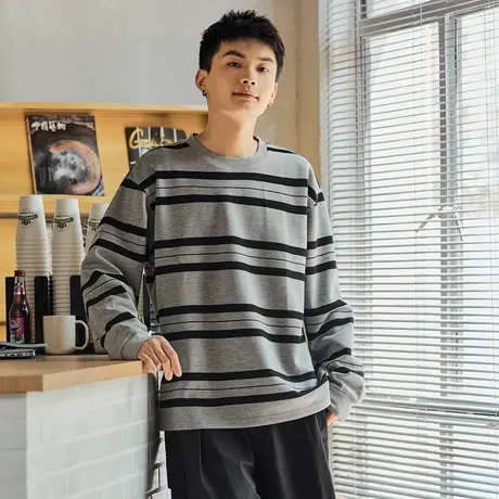 唐狮卫衣男士春秋季新款圆领灰色条纹宽松套头长袖上衣外套潮商品大图