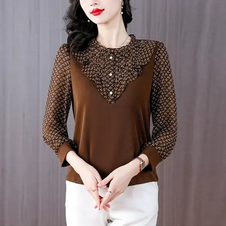 2023秋装新款雪纺接拼打底衫针织衫女士大码遮肚子减龄显瘦上衣图片