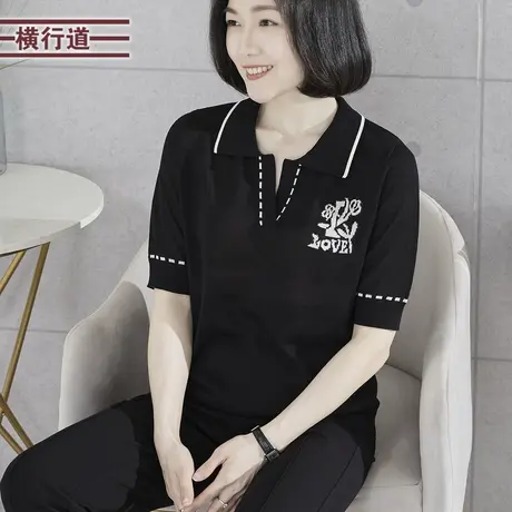 2023夏季新款简约休闲螺纹翻领撞色宽松针织短袖女装外穿大码上衣图片