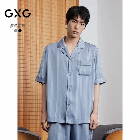 GXG男士家居服 冰丝感宽松暗条纹短袖睡衣套装男 25年春夏新品商品大图
