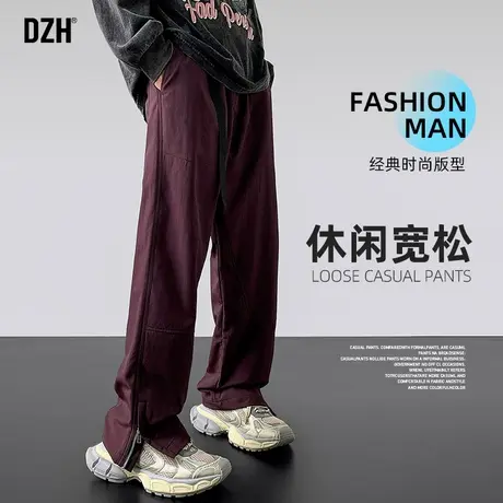 男士紫色工装裤男美式痞帅直筒裤男款秋季2023新款潮流复古冲锋裤商品大图