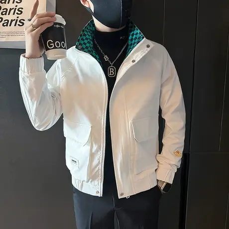 春秋季立领工装夹克男潮流撞色刺绣休闲防风外套潮男短款机车上衣商品大图