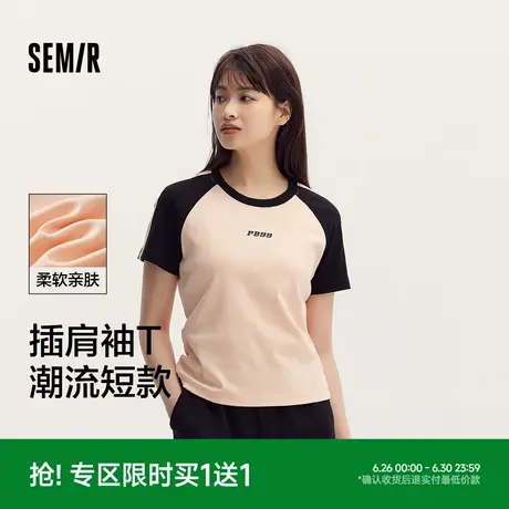森马短袖T恤女短款圆领撞色插肩袖复古夏季图案修身上衣小个子潮商品大图