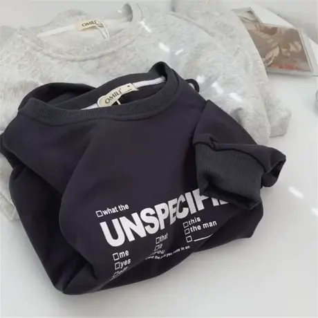 多排英文字母毛圈棉圆领套头卫衣女早秋韩版薄款宽松深灰色上衣潮商品大图