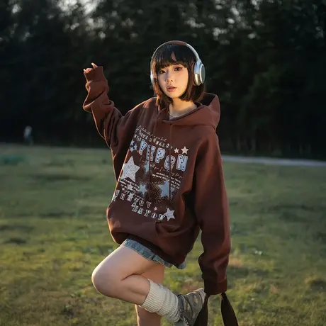 YEP复古美拉德印花连帽卫衣女春季2025新款美式帽衫宽松套头外套商品大图