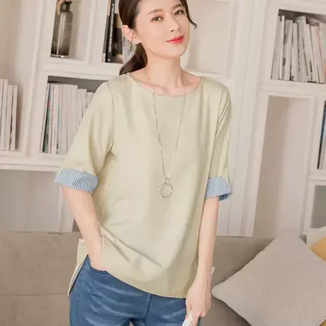 桔熊春秋季通勤小衫宽松条纹拼接五分半袖上衣轻熟女大码AB14542图片