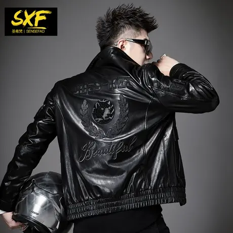 SXF圣希梵真皮皮衣男 翻领机车服刺绣工装夹棉外套潮牌男士皮夹克商品大图