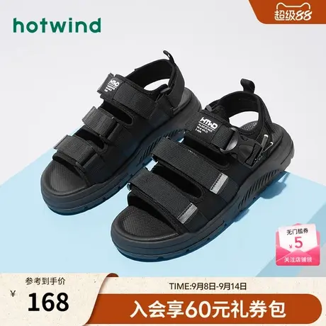 热风男鞋24夏新款男士时尚休闲魔术贴凉鞋户外简约黑色沙滩凉鞋商品大图