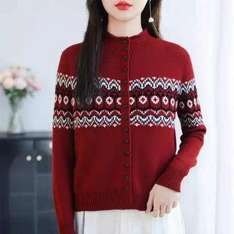 方扣复古费尔岛提花毛衣开衫女秋冬半高领打底衫女长袖针织衫上衣商品大图
