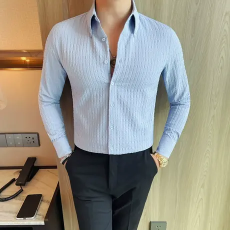定型纽扣大尖领衬衫男长袖秋冬款2025商务通勤华夫格西服打底衬衣商品大图