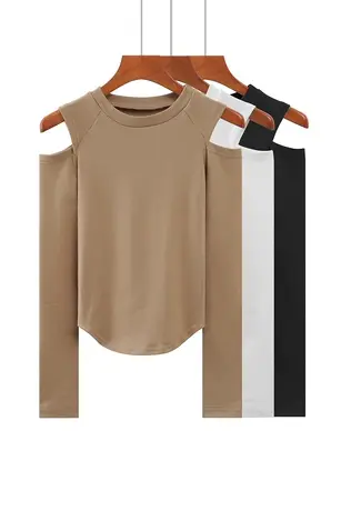 秋冬新款韩圆领修身露肩纯欲下摆圆弧纯棉纯色长袖体恤上衣内搭女商品大图