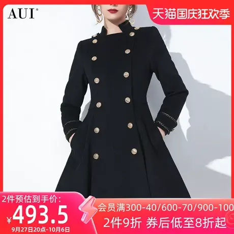 AUI黑色气质双排扣毛呢外套女2023冬新款小个子复古修身呢子大衣图片