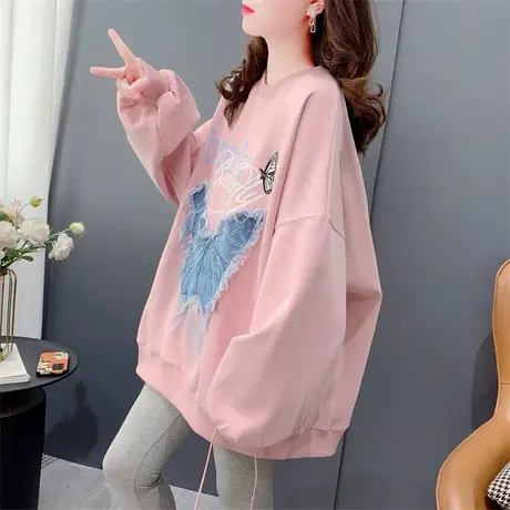 宽松大版显瘦圆领卫衣女春秋2023新款韩版设计感蝴蝶贴布休闲上衣商品大图