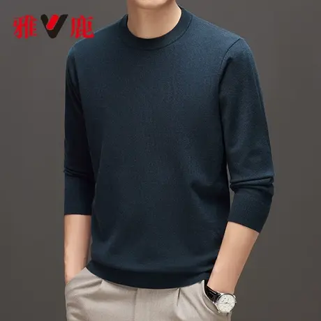 雅鹿含羊毛纯色圆领长袖T恤男2023年新款秋冬保暖上衣休闲打底衫商品大图