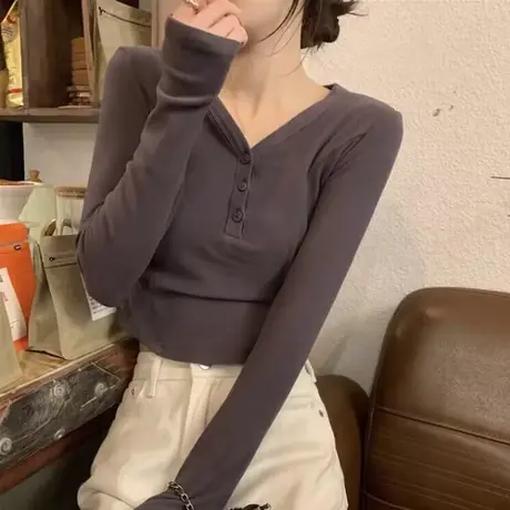 纯欲风V领长袖T恤女秋季洋气韩版修身短款小个子内搭打底衫上衣服商品大图